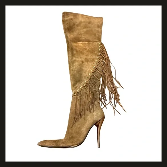 Gianmarco Lorenzi Suede Fringe Over-the-Knee Zipper High Heel Boots Size 39 EUC - Picture 7 of 16